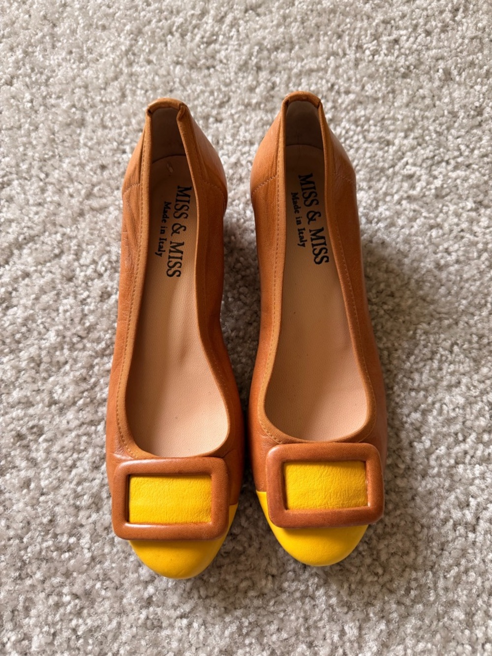 Two-Tone Tan and Yellow Leather Square Buckle Flats made in Italy